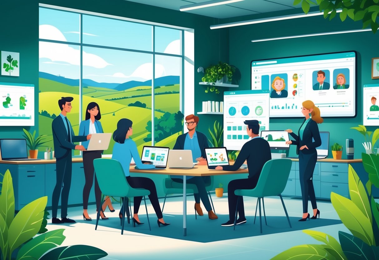 A team of creative professionals collaborating in a bright office with laptops and storyboards, overlooking an Irish landscape with rolling hills and a city skyline.