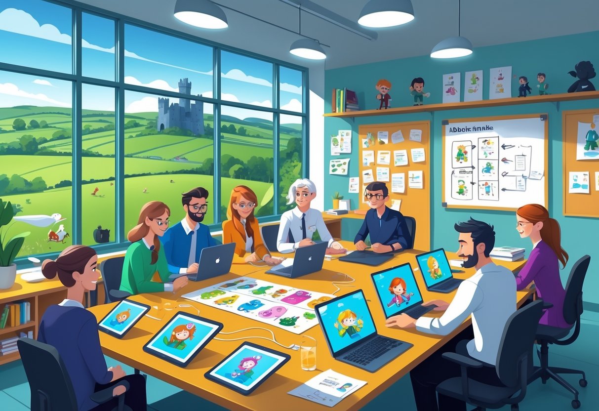 A team of creative professionals working together in an office with animation materials and a view of the Irish countryside.