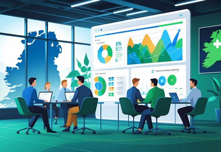 A group of employees in a modern office participating in a digital training session with animated graphics on a large screen and a view of the Cliffs of Moher in the background.