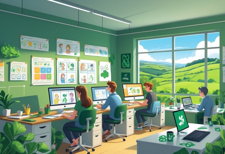A creative studio with animators working on computers and drawing tablets, storyboards on walls, and a window showing green hills outside.