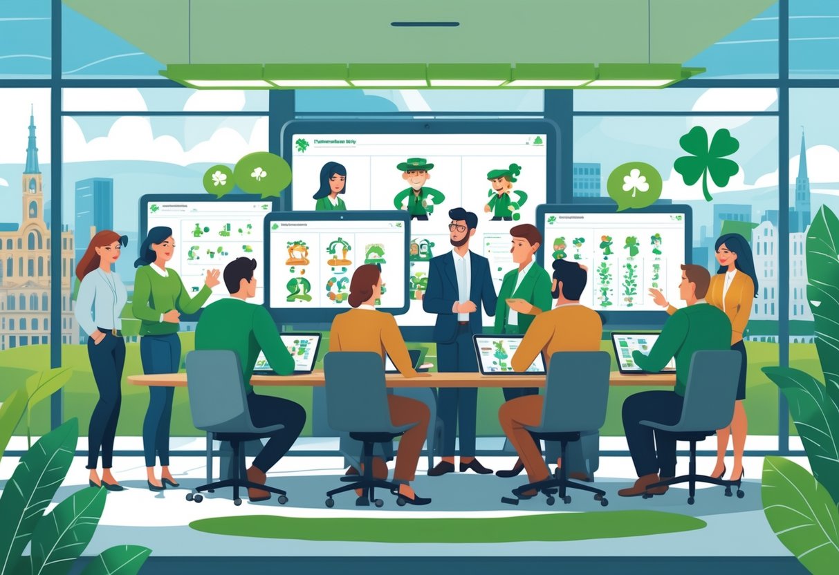 A group of professionals collaborating around a table with digital devices showing animation designs, set in a modern office with a view of an Irish city.