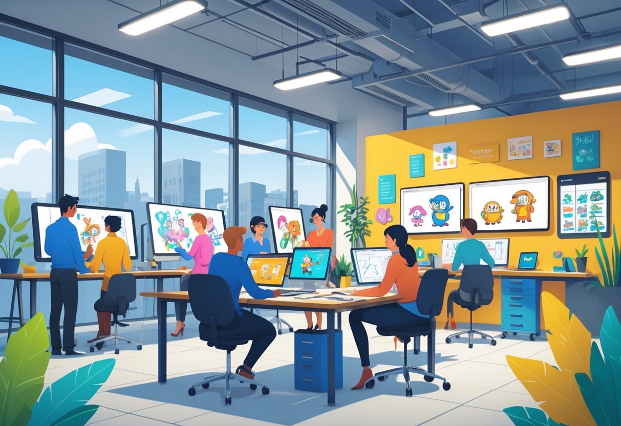 A group of animation professionals working together in a bright studio with computers, drawing tablets, and storyboards, with a view of Cork city outside the windows.