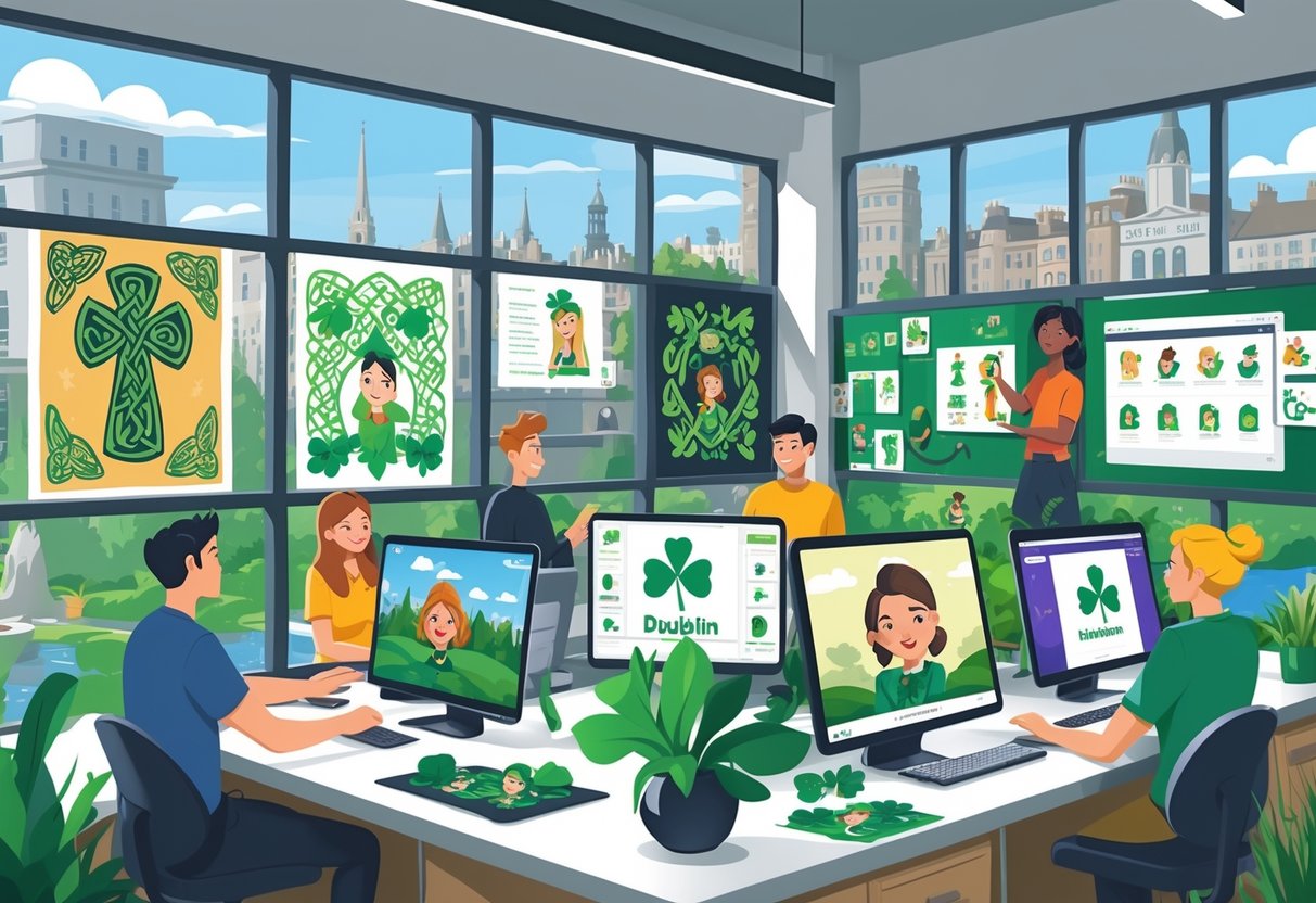 A team of animators working together in a bright studio with views of an Irish city, surrounded by animation sketches and digital screens showing Irish-themed animation projects.
