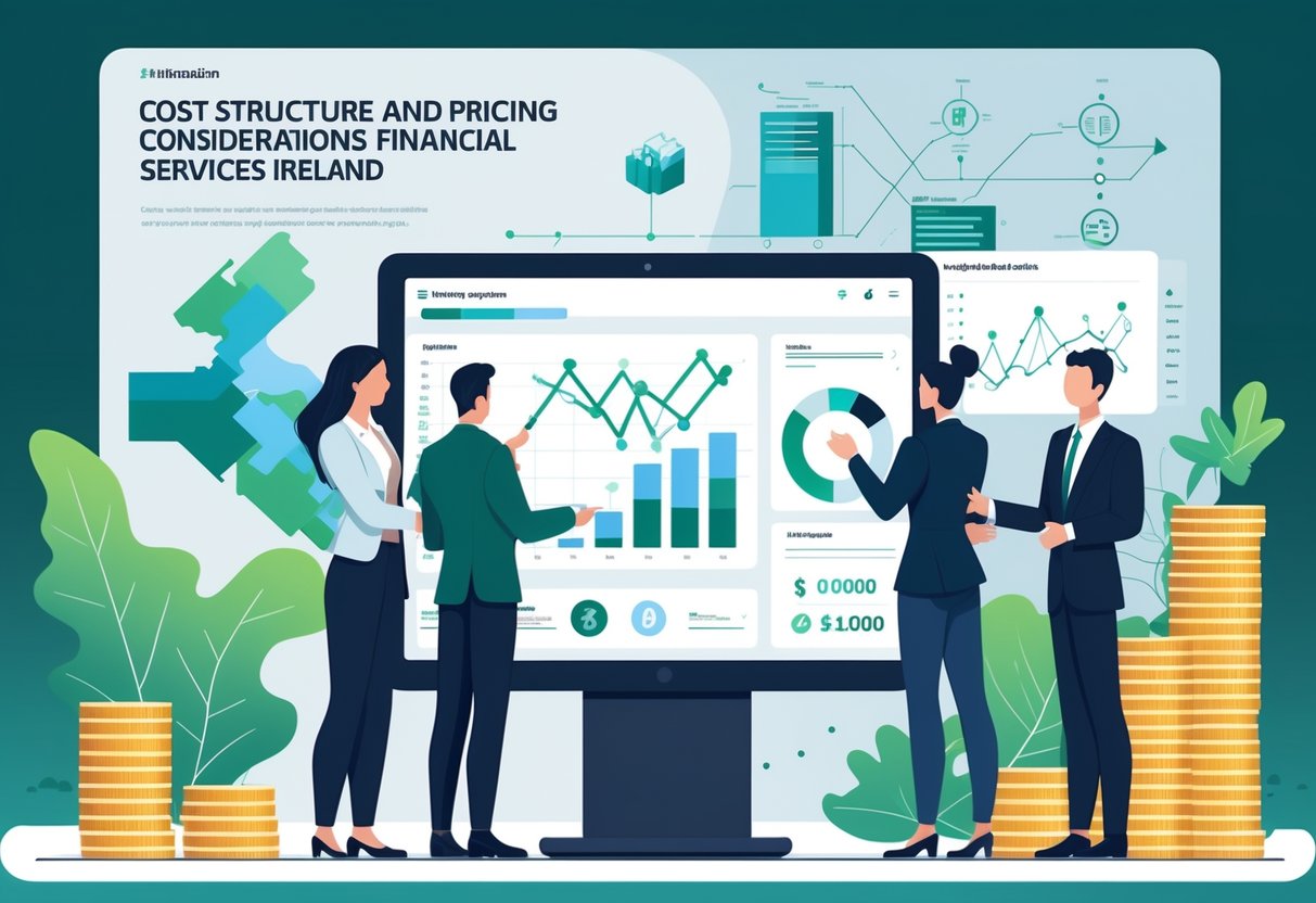 A group of financial professionals working together around a digital table showing graphs and charts, with subtle Irish elements in the background.