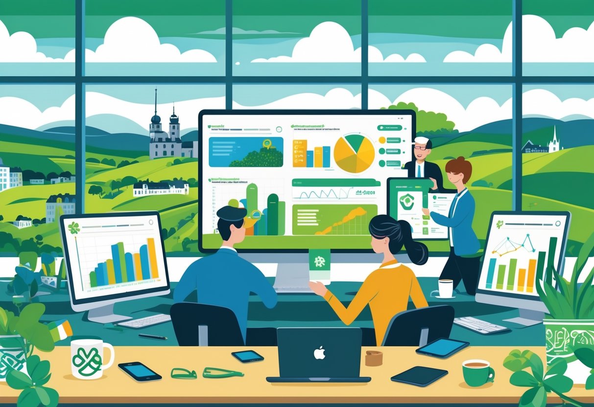 A modern office scene with professionals working together using digital screens showing animated business visuals, with Irish cultural elements and a view of green hills outside.