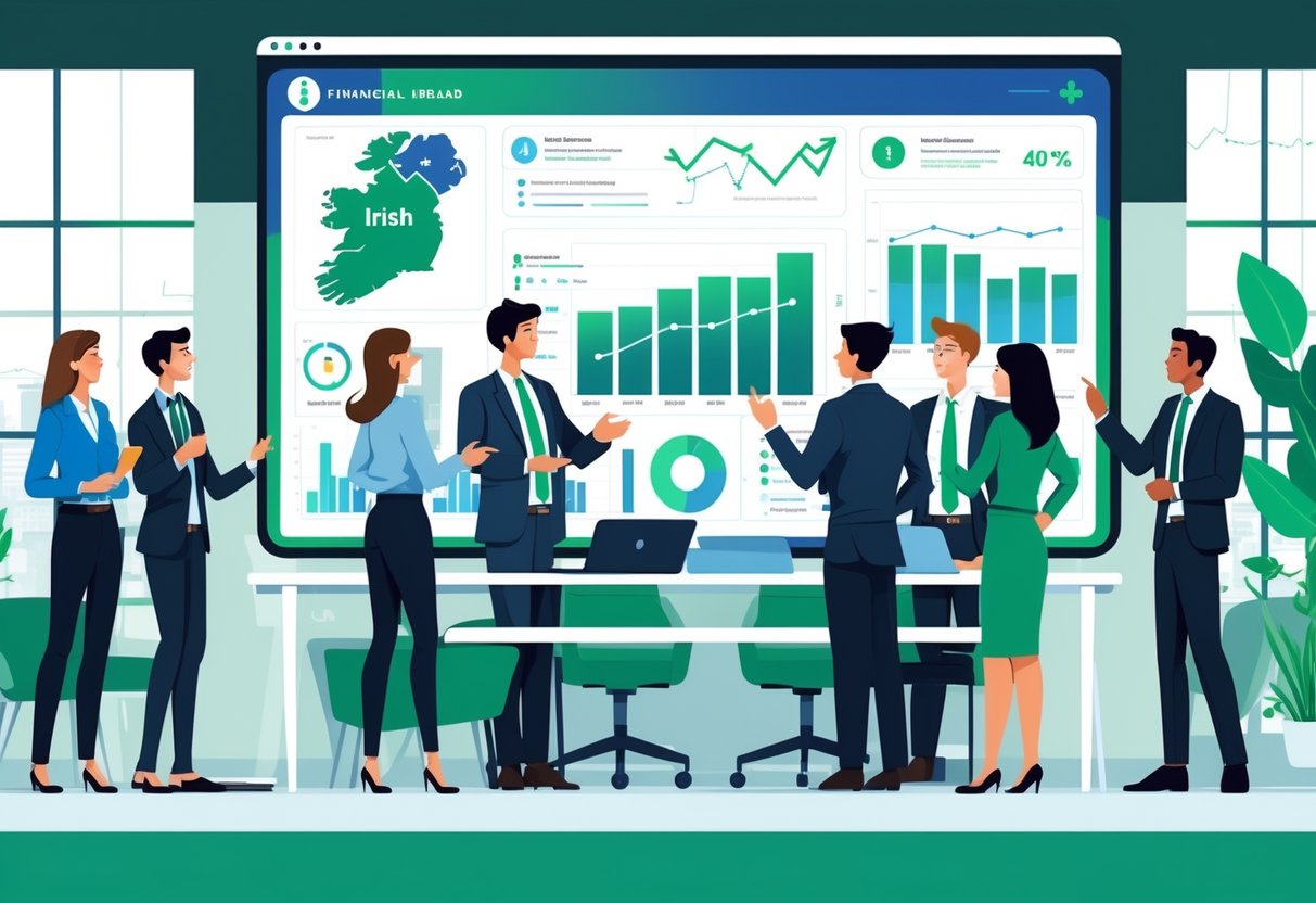 A group of business professionals discussing financial data around a digital screen in a modern office with subtle Irish elements.
