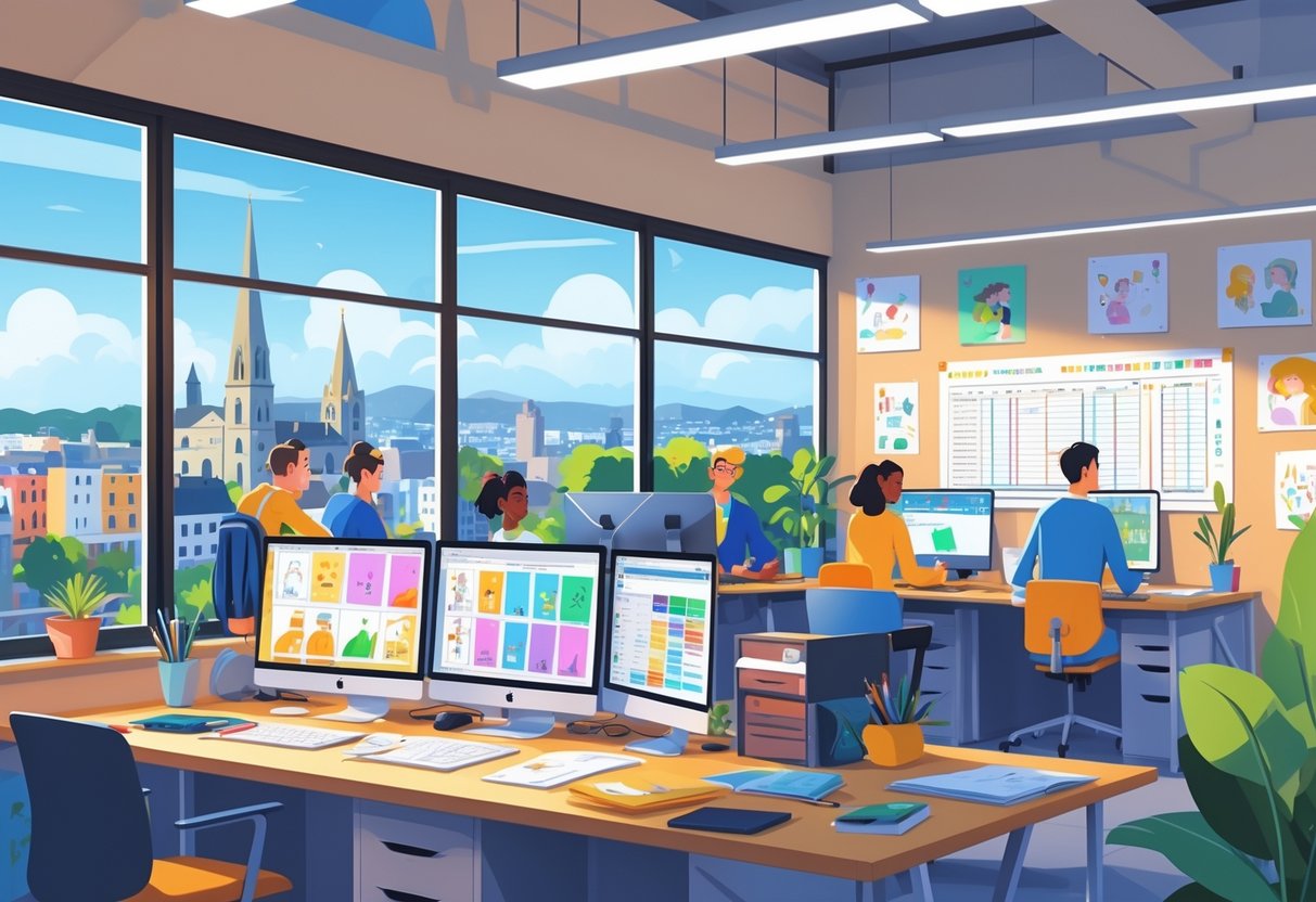 A bright office with animators working on computers and drawing tablets, with a view of Cork city and St. Fin Barre's Cathedral in the background.