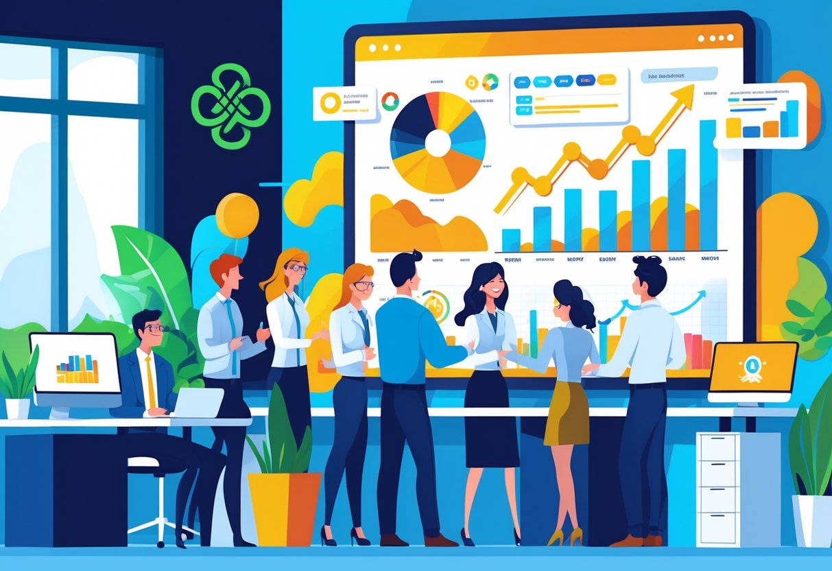 A team of professionals working together in an office with animation designs and charts on a large screen, with subtle Irish-themed decorations in the background.