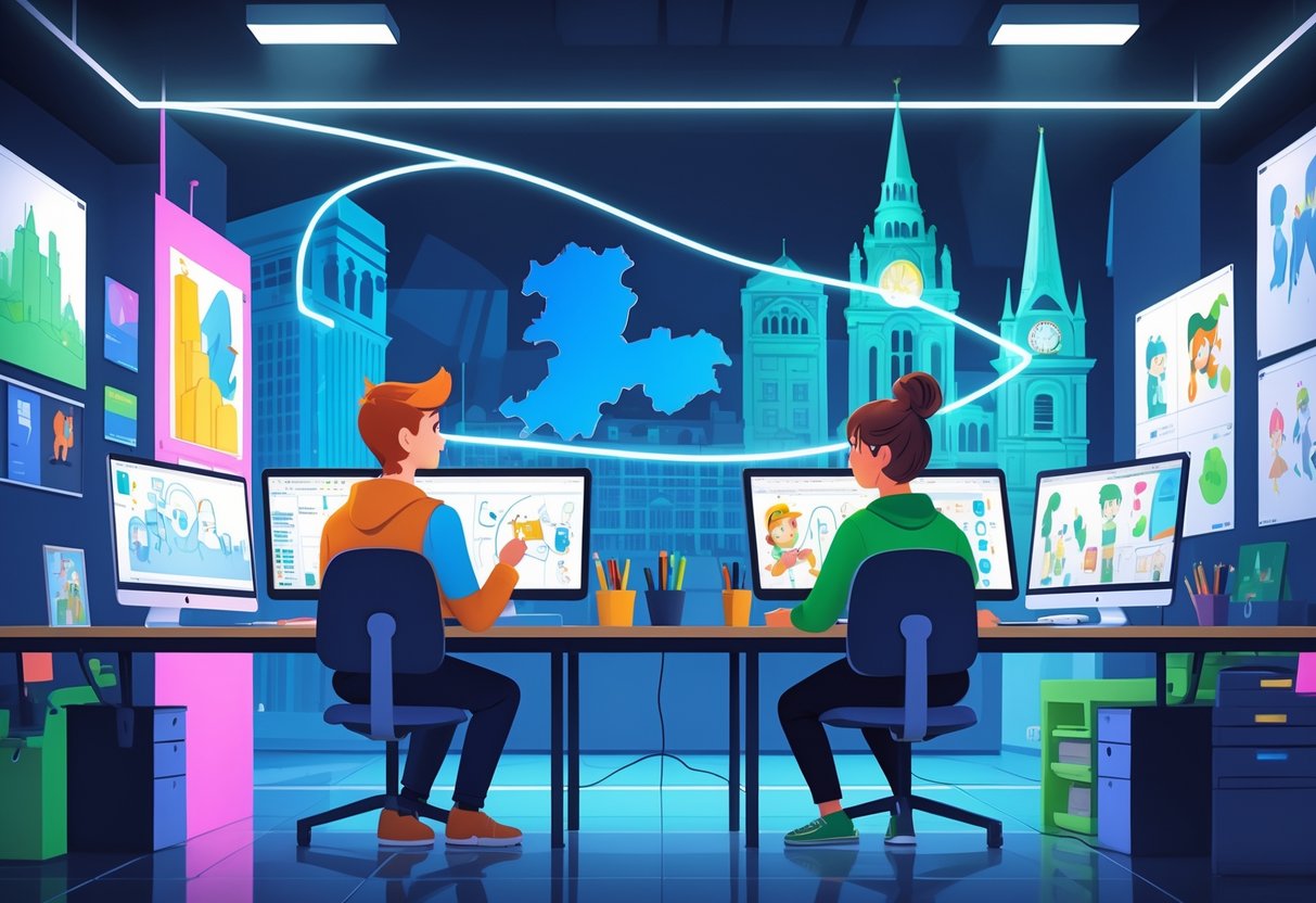 Two animators working together in a studio with animation equipment and a map showing Belfast and Dublin connected.