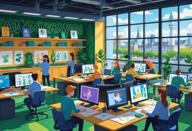 A busy animation studio with people working on computers and drawing tablets, surrounded by animation sketches and Irish cultural decorations.