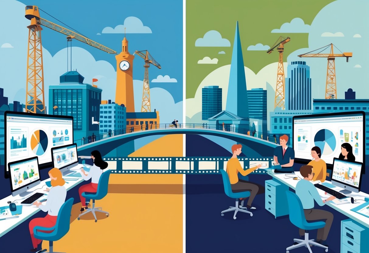 Two connected animation studios representing Belfast and Dublin with teams working on animation projects and a symbolic bridge linking the two cities.