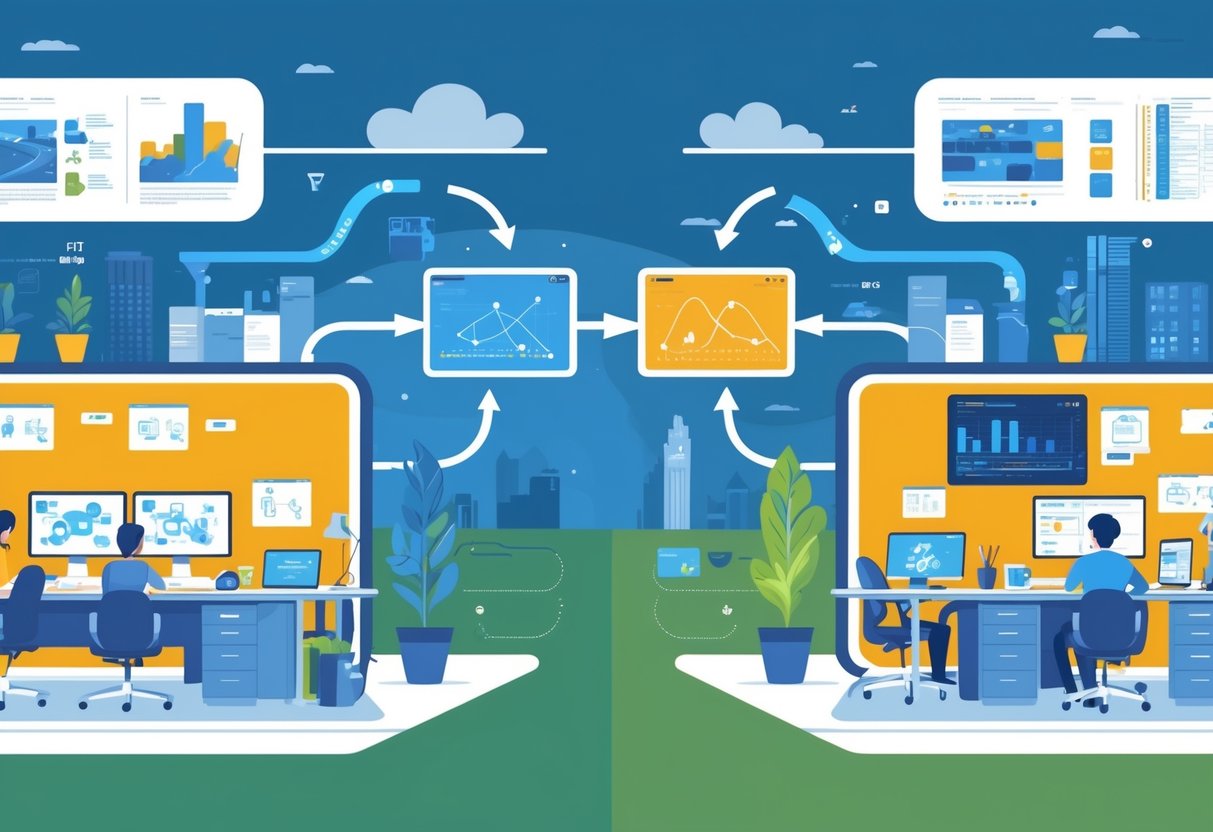 Two connected office spaces showing animation professionals working together, with landmarks of Belfast and Dublin in the background, illustrating the cross-border animation production process.