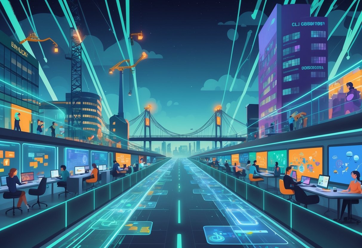 Two connected animation studios representing Belfast and Dublin, linked by a glowing digital bridge with animators working on computers and digital drawings.