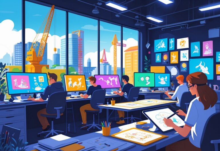 A busy animation studio in Belfast with people working on digital art surrounded by city landmarks in the background.