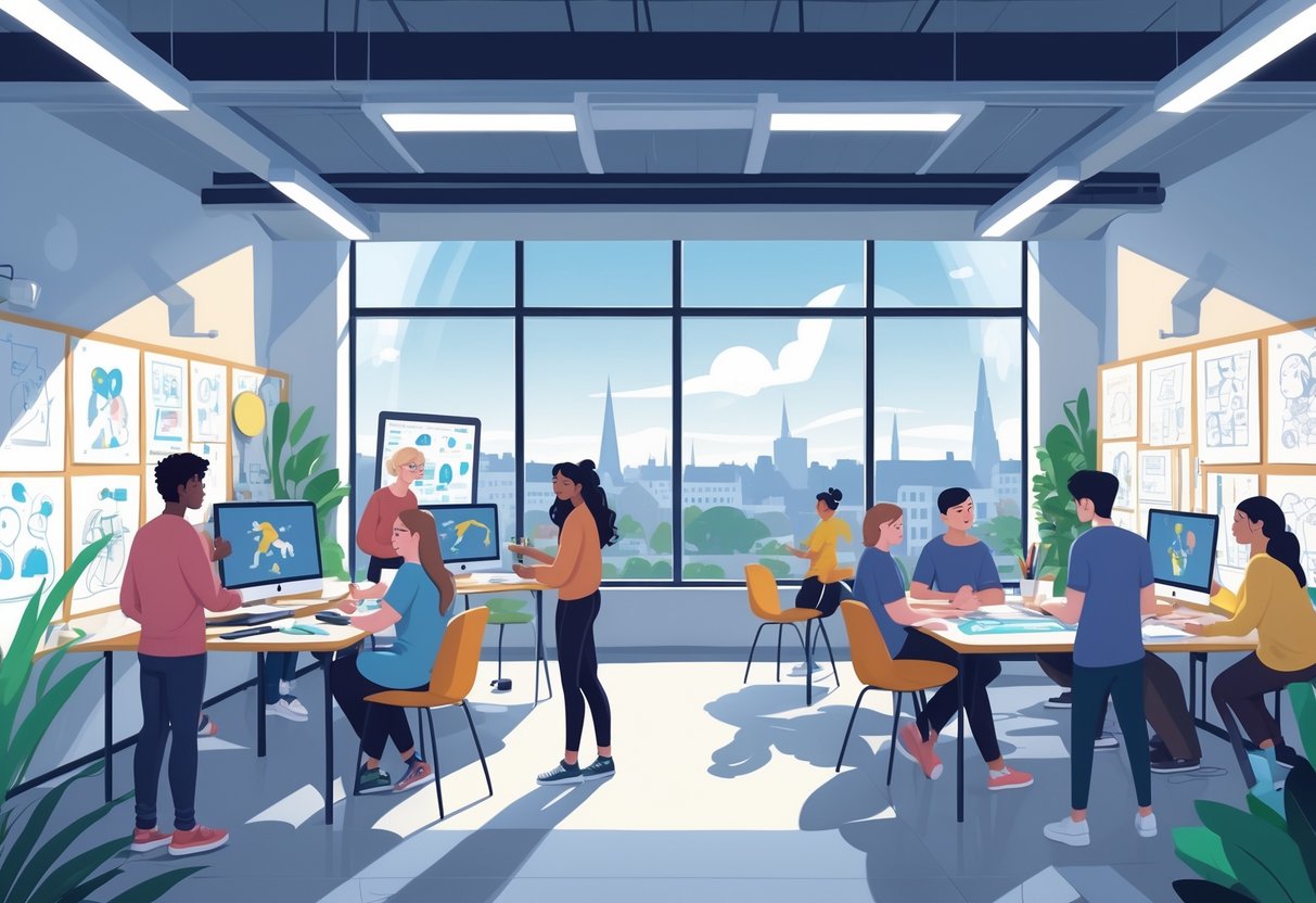 A group of people working together in a bright studio with animation tools and computers, with a city view of Belfast in the background.