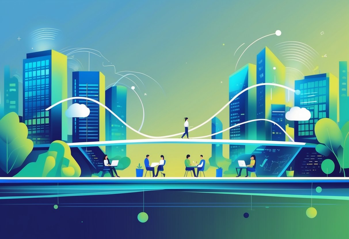 Two cityscapes connected by a glowing digital bridge with people collaborating on animation projects using laptops and tablets.