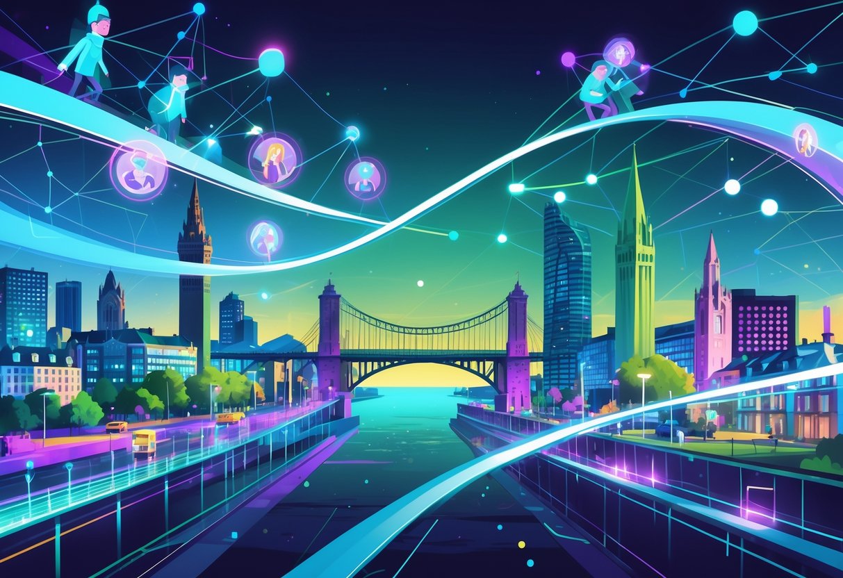 A vibrant cityscape showing landmarks from Belfast and Dublin connected by a flowing ribbon with animated digital elements symbolising collaboration and innovation in animation.