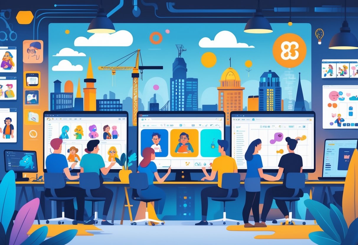 A group of animators working together in a bright studio with Belfast landmarks visible in the background.