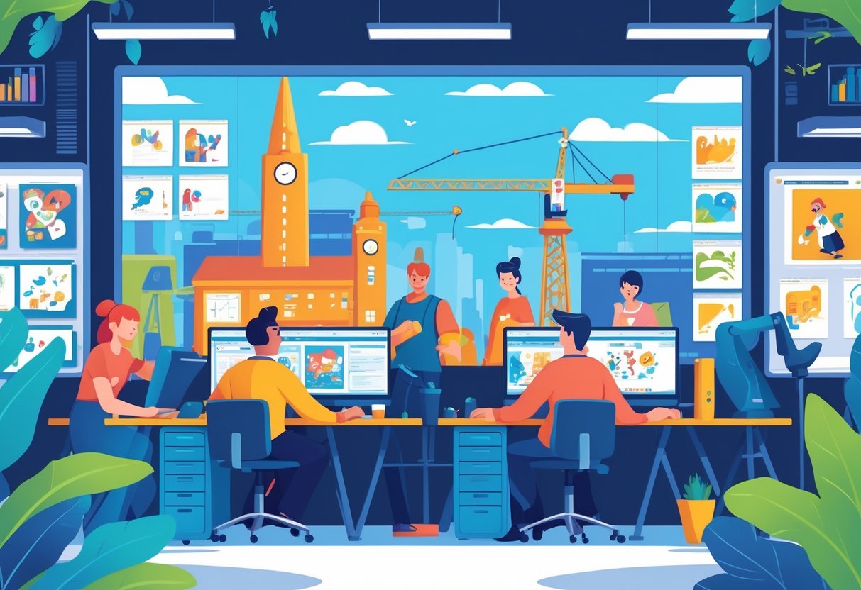 A creative animation studio with people working on computers and Belfast landmarks in the background.