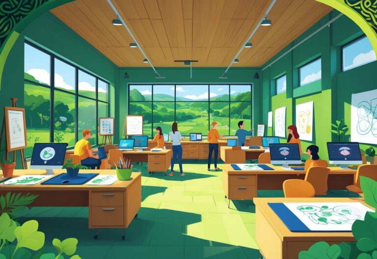 An animation studio workspace in Ireland with artists working at desks surrounded by animation tools and Irish cultural elements visible through windows.