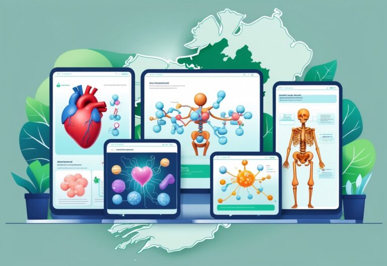 Illustration showing different types of healthcare animations including a beating heart, molecular drug interaction, moving skeleton joints, and immune cells, with a faint map of Ireland in the background.