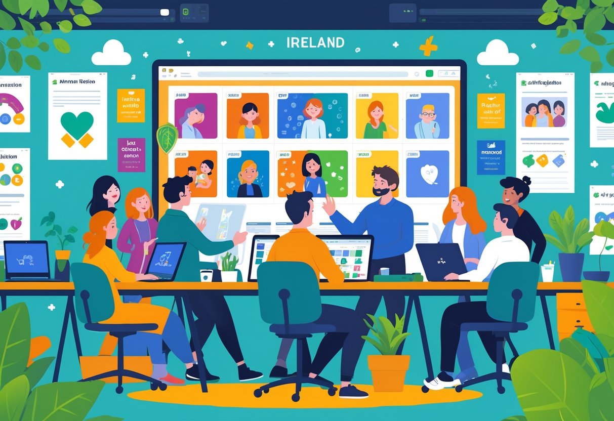 A team working together in a studio creating animated videos for Irish charities, with digital screens showing storyboards and animation tools around them.
