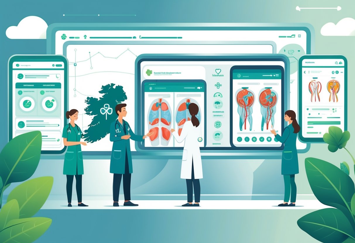 Healthcare professionals interacting with animated medical visuals in a modern medical setting with subtle Irish elements in the background.