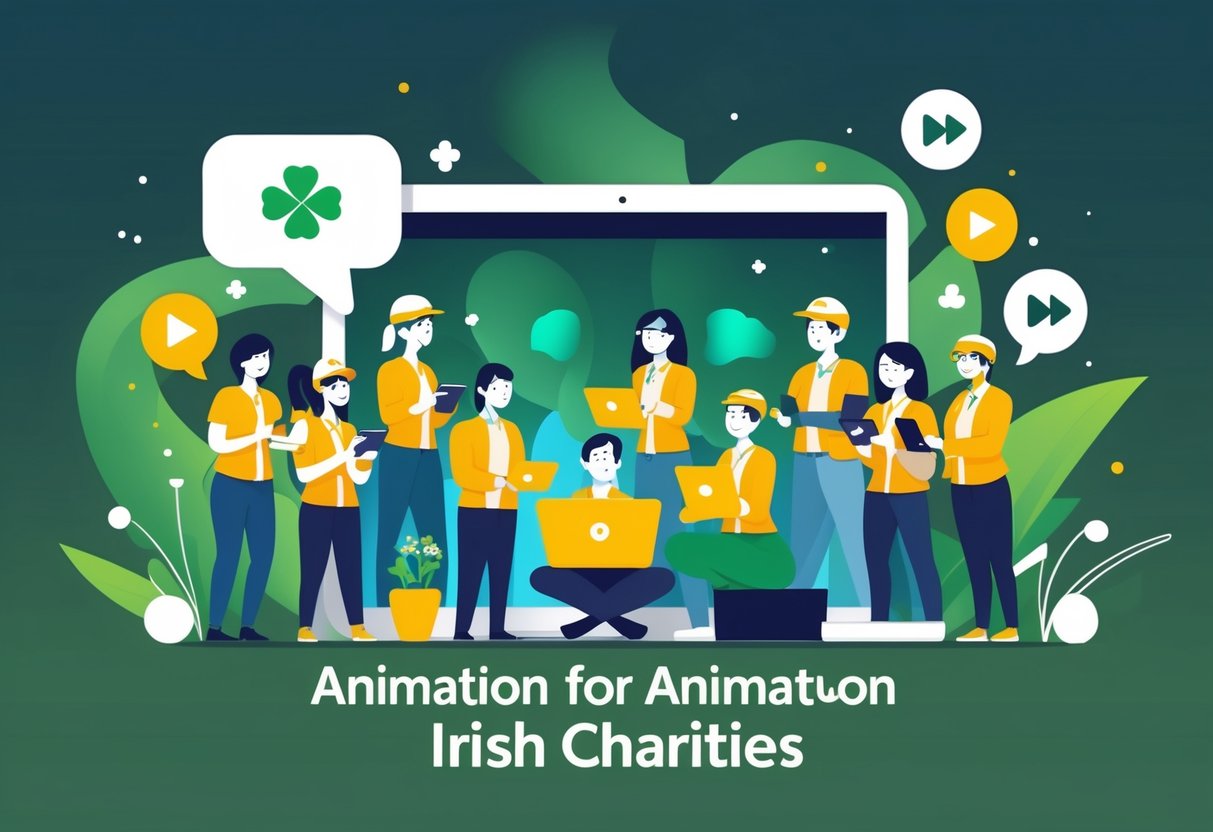 A group of people using digital devices surrounded by social media icons and Irish cultural symbols, representing online charity work.