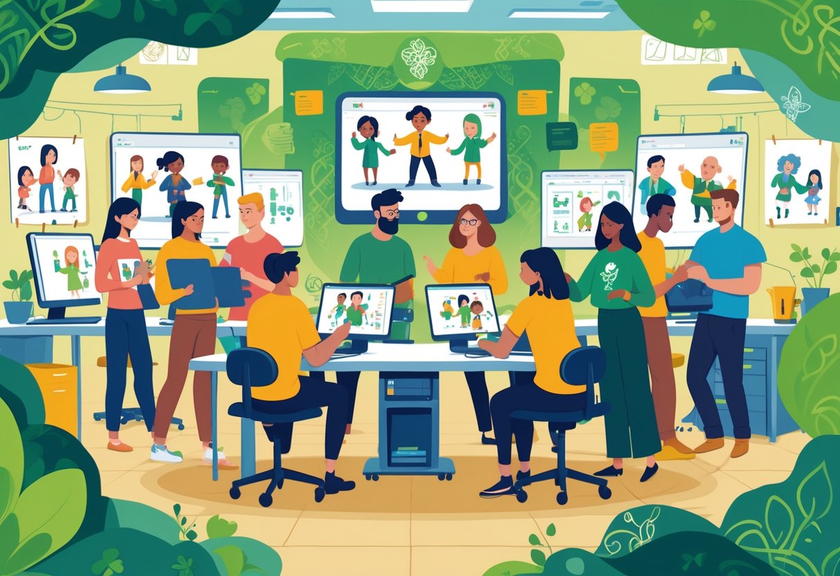 A group of people working together in an animation studio with screens showing animated characters representing charity and community support.