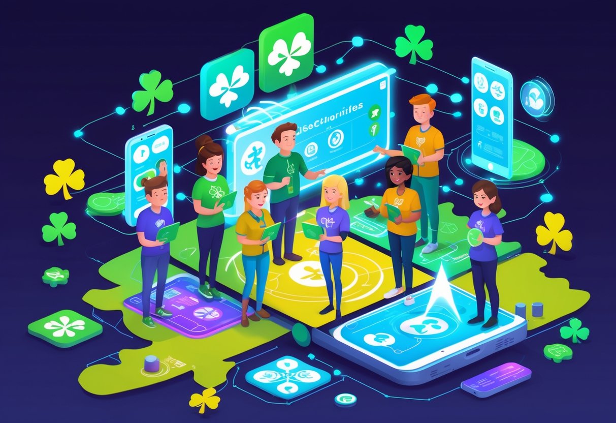 A group of people using futuristic digital devices surrounded by Irish symbols, representing animation and charity work in Ireland.