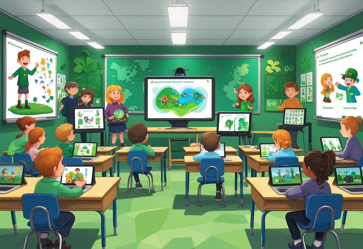 A classroom where children use tablets and interactive screens to learn with colourful animated characters and 3D models, with Irish cultural elements visible in the background.