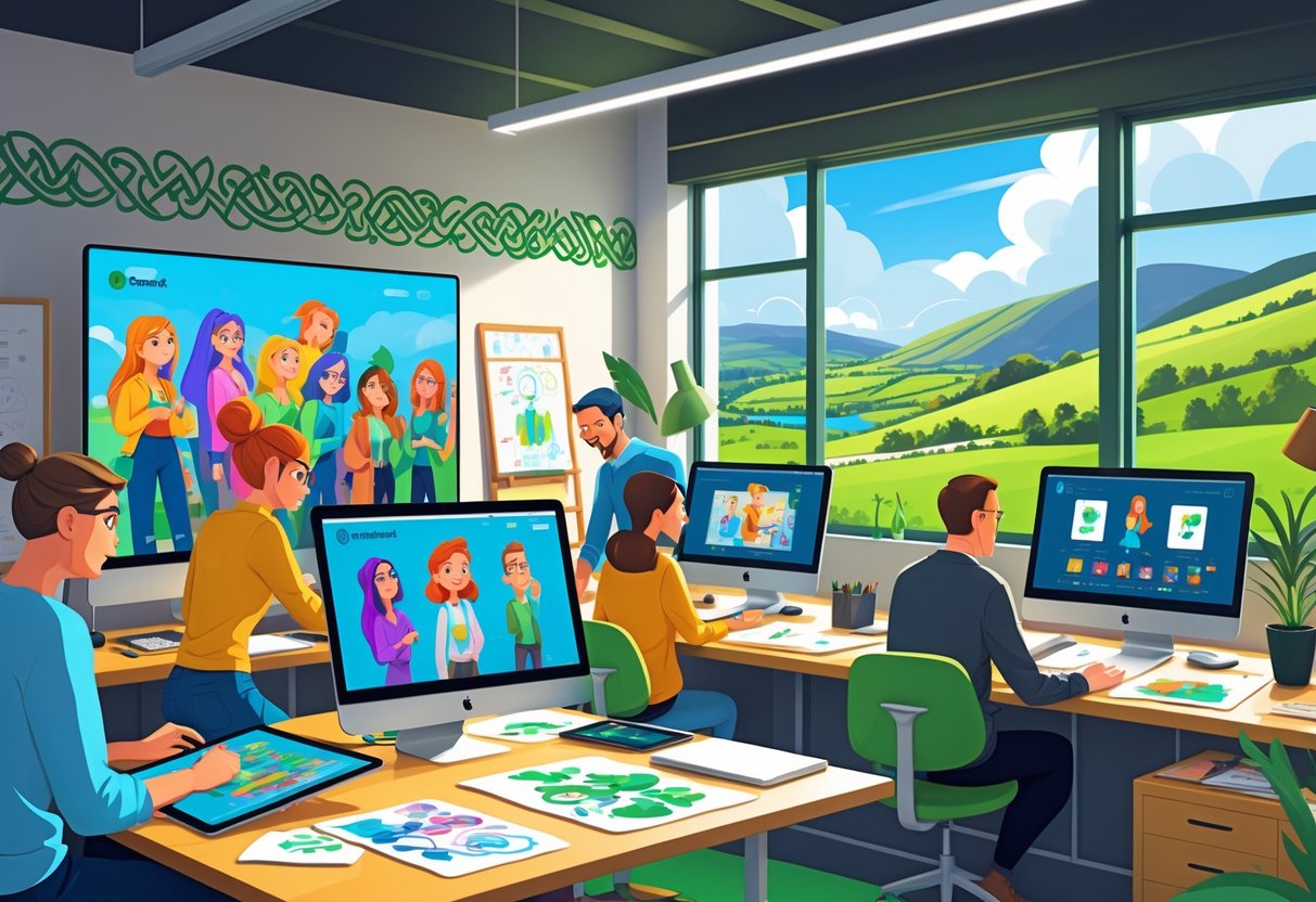 A creative animation studio with artists working on digital drawings and animated characters, overlooking a green Irish landscape.