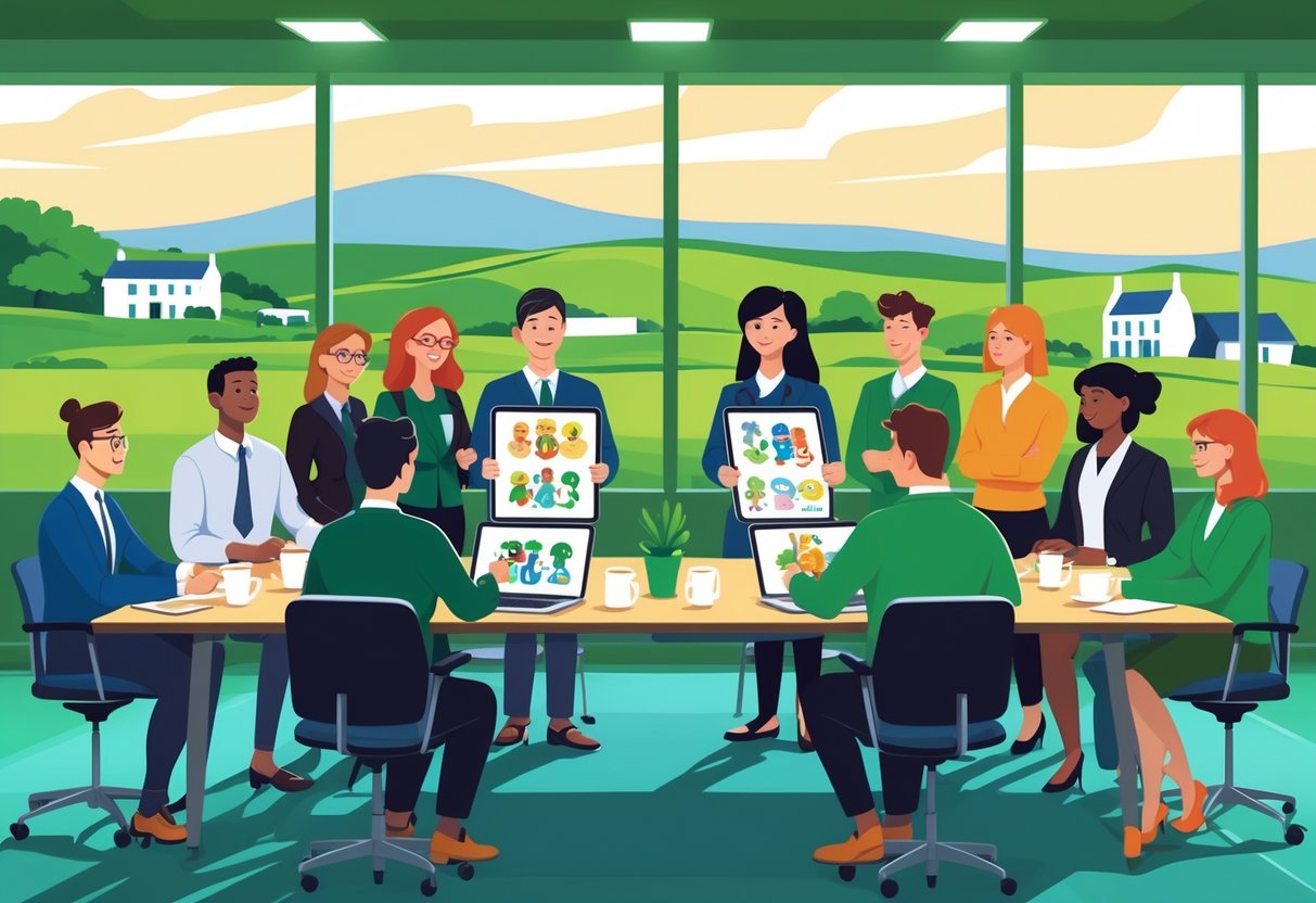 A group of professionals collaborating around a table with animation storyboards and digital tablets, with a view of the Irish countryside outside the window.
