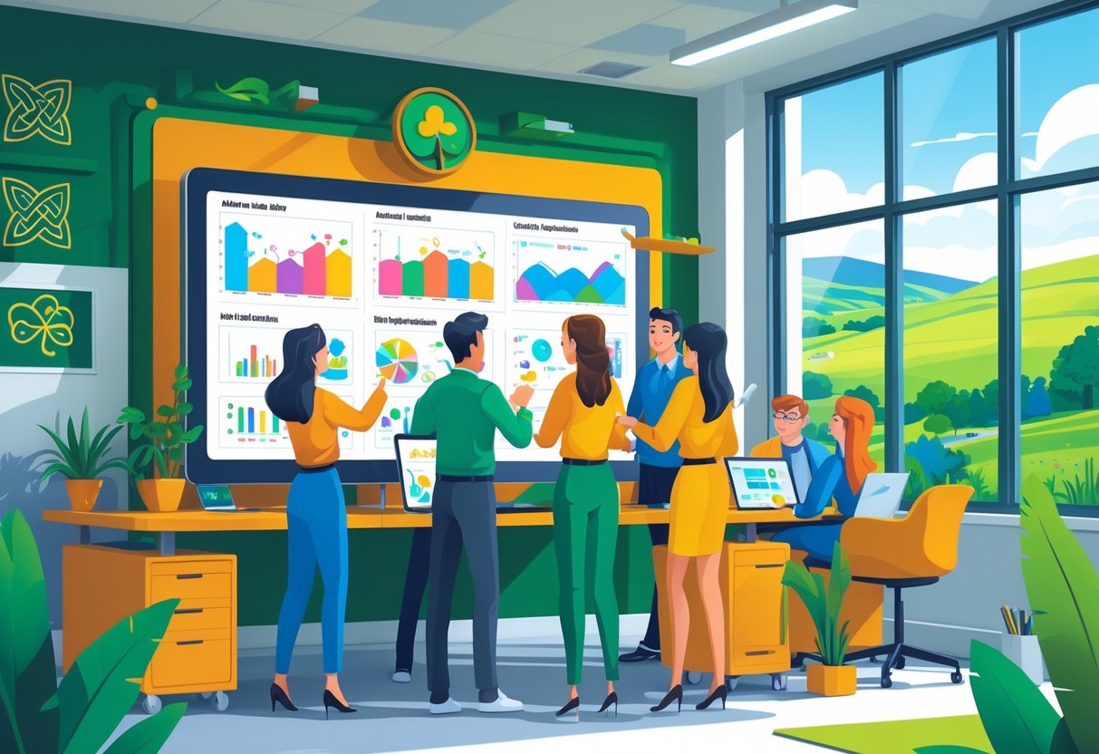 A group of marketing professionals collaborating around a digital screen showing animation storyboards in an office with Irish-themed decor and a view of green hills outside.