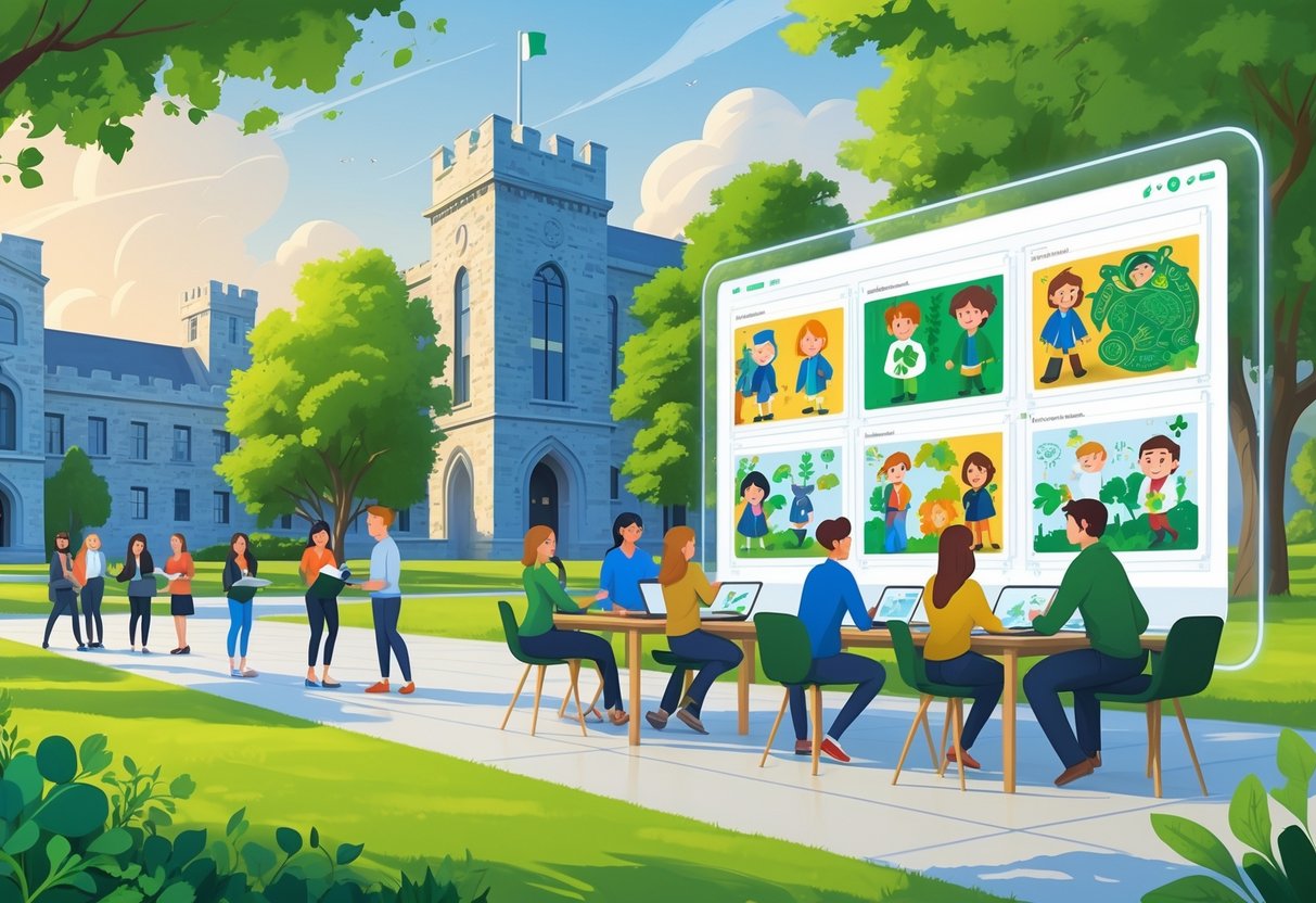 Students and faculty collaborating on animation projects in a university campus setting surrounded by Irish architecture and greenery.