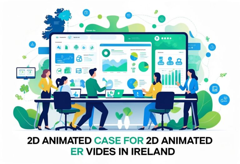 A group of professionals working together around a digital screen showing animated graphics representing different industries, with subtle Irish cultural elements in the background.