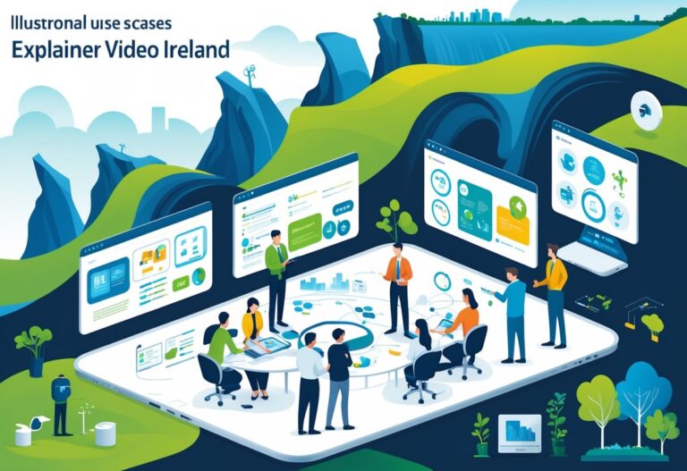 A group of professionals from various industries collaborating around digital screens showing animated video content, set against a backdrop featuring Irish landmarks.