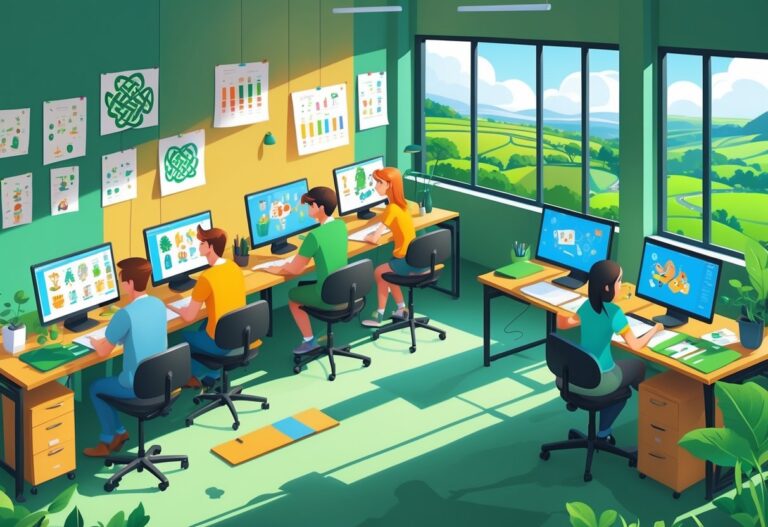 A team of people working together in an office with computers and drawing tablets, with Irish cultural elements visible and a green landscape outside the window.
