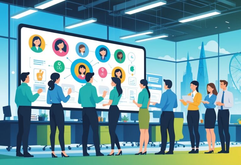 A group of office workers in a modern workspace watching and discussing animated training content on a large digital screen, with subtle references to the UK in the background.