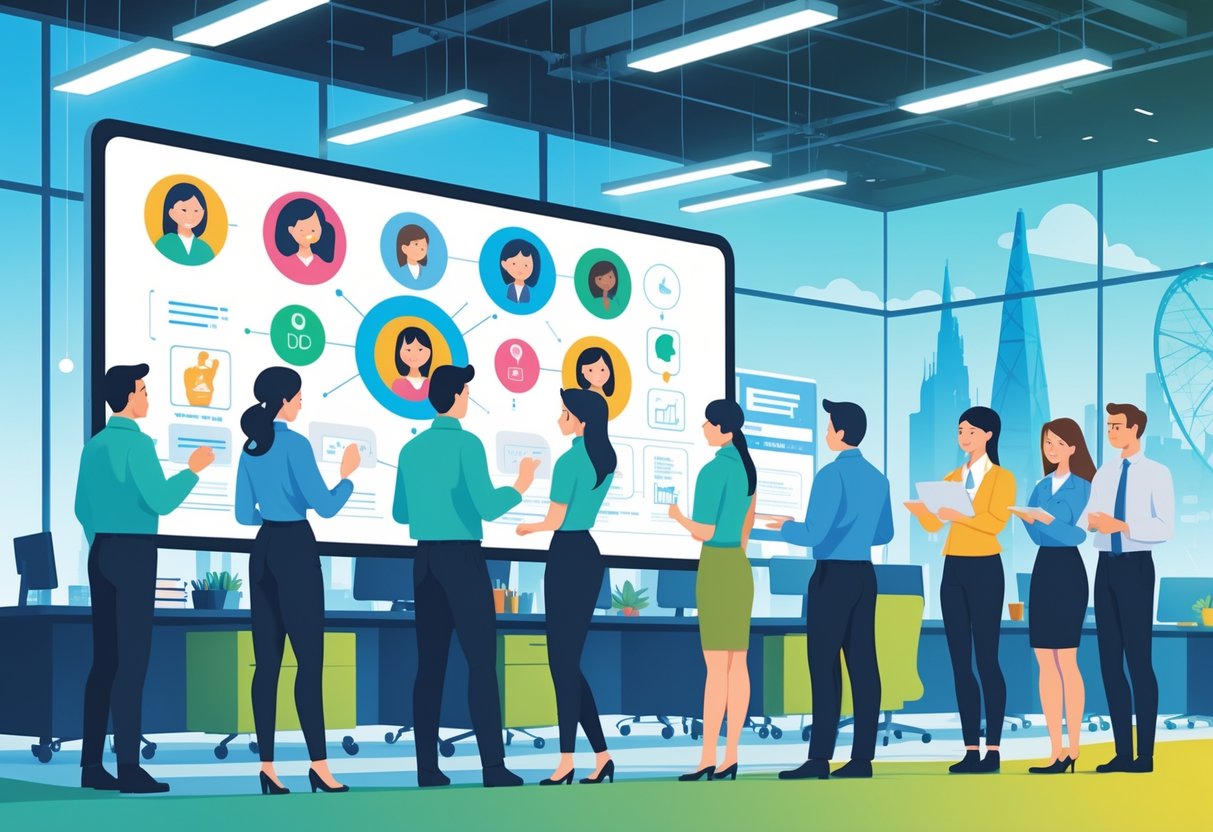 A group of office workers in a modern workspace watching and discussing animated training content on a large digital screen, with subtle references to the UK in the background.