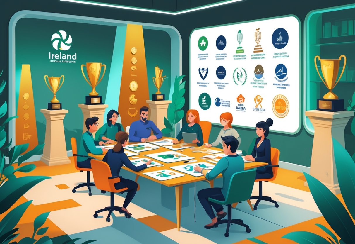 A creative team working together in an office with animation sketches and digital tablets, surrounded by trophy cases displaying animation awards and symbols representing industry organisations.