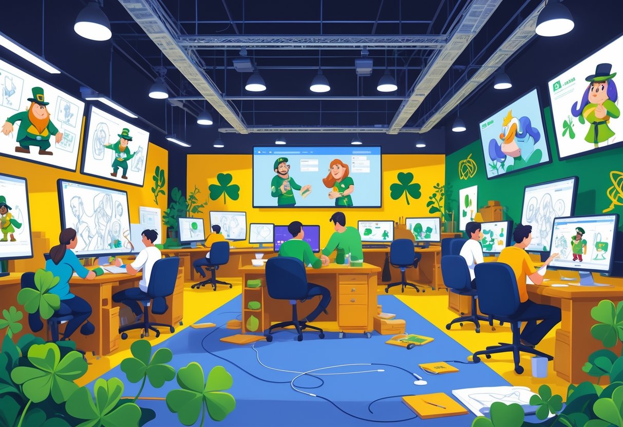 A creative studio with animators working on various animation projects inspired by Irish culture, featuring screens showing different animation stages and Celtic decorative elements around the room.