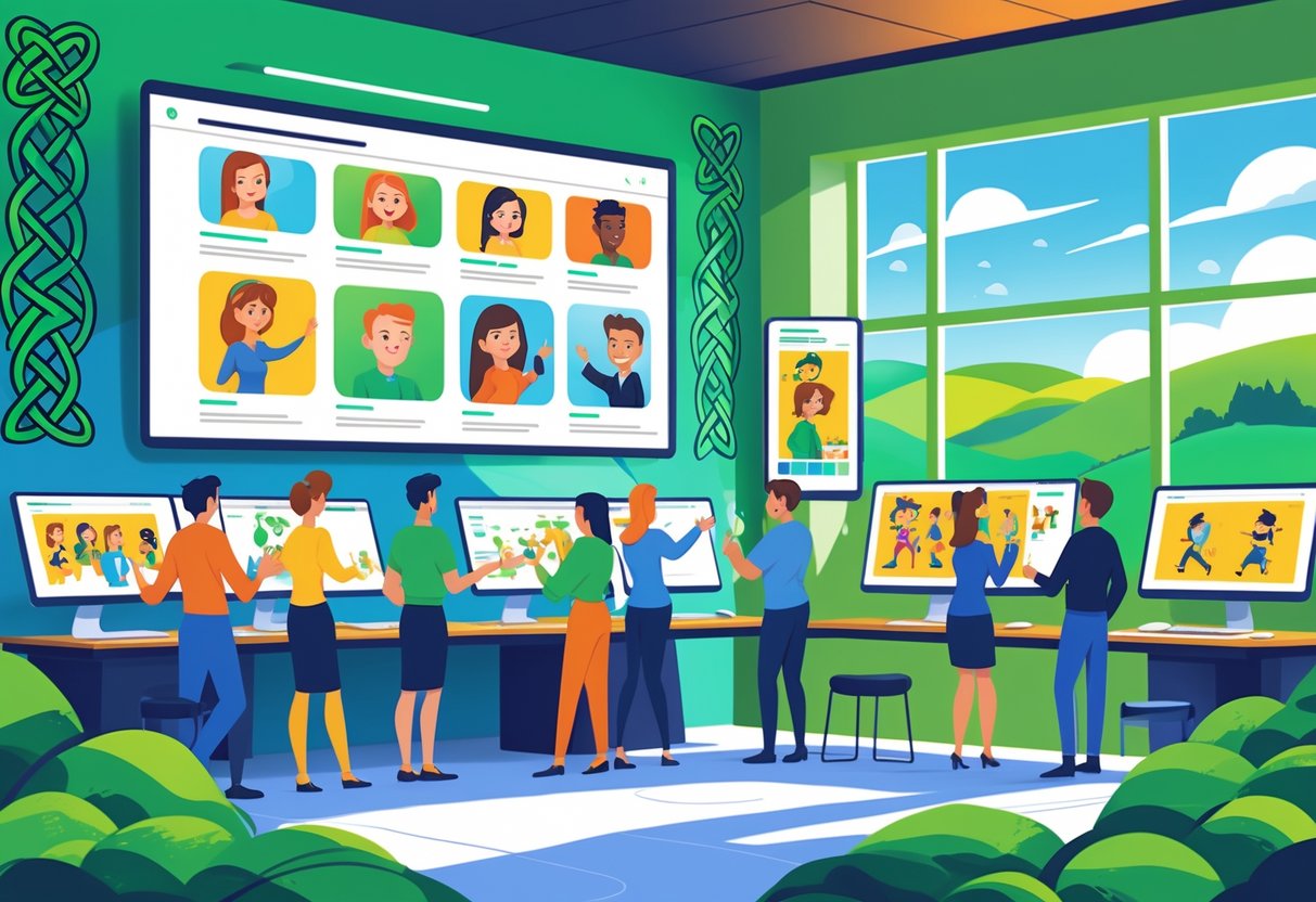 An animation studio with creative professionals working on digital drawings, with Irish-themed decorations and a view of green hills outside.