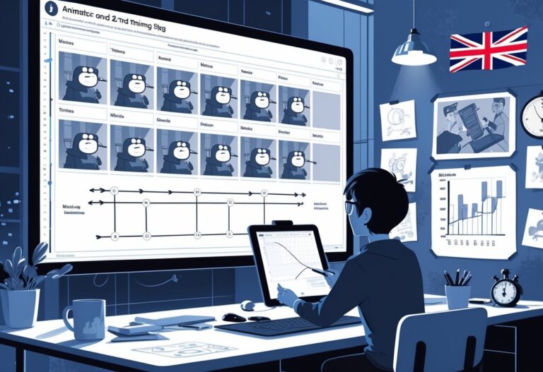 An animator working at a desk reviewing a storyboard sequence on a large screen with timing notes in a studio setting.