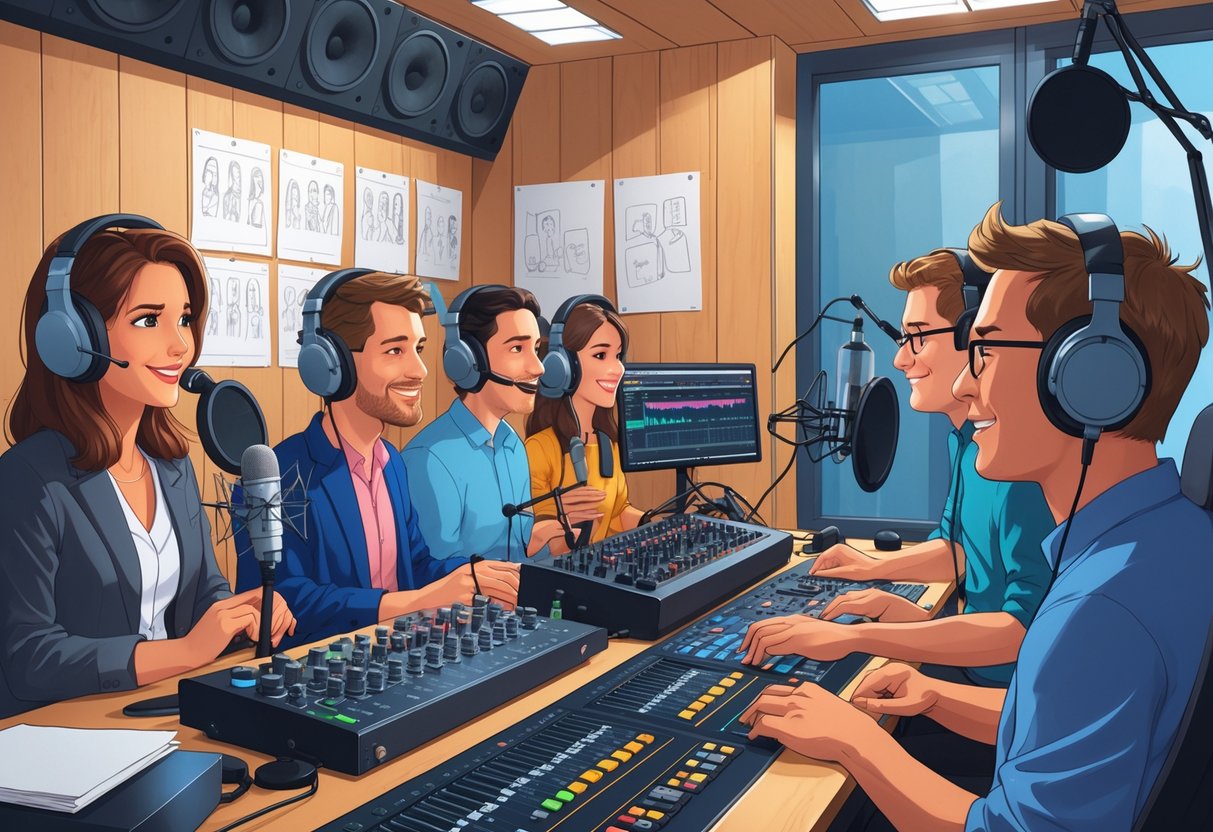 A recording studio with voice actors speaking into microphones and a sound engineer working on audio equipment, surrounded by animation storyboards.
