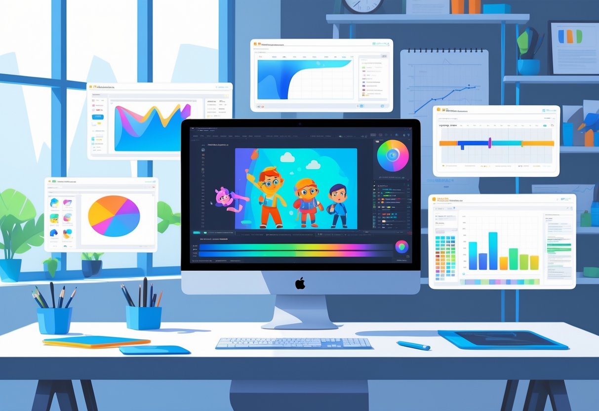 A modern workspace with a computer showing 2D animation elements and animation tools on floating screens, surrounded by creative equipment and business items.