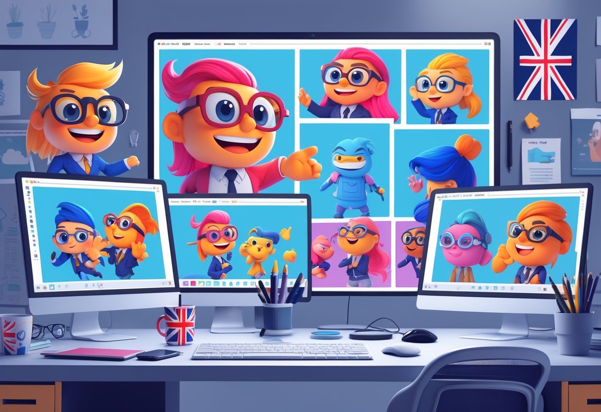 A workspace showing screens with colourful 2D animated characters, digital drawing tools, and British-themed items in the background.