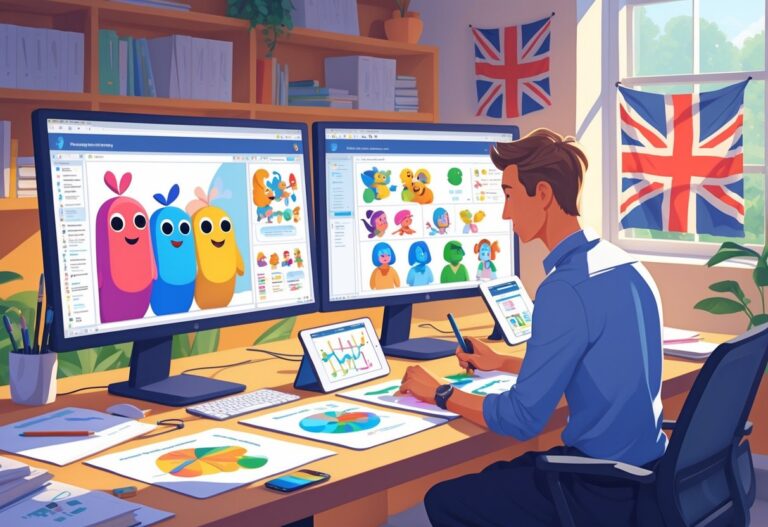 A person working at a desk with computer screens showing colourful 2D animation designs, surrounded by sketches and digital tablets in a bright room with bookshelves and a British flag.