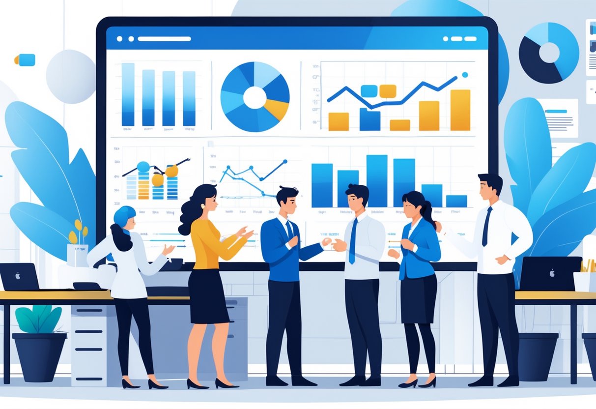 An office scene with animated characters interacting around a digital screen showing charts and graphs.