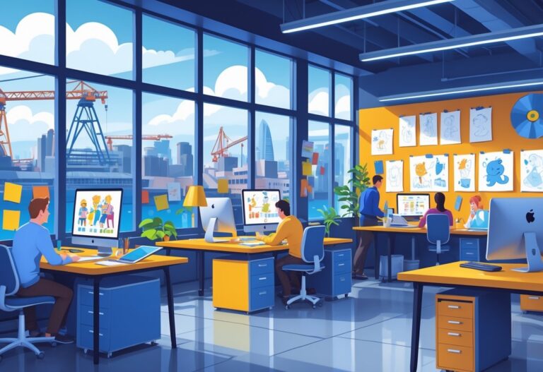 A busy animation studio with artists working on 2D animation projects, featuring desks with drawing tablets, computers, sketches on walls, and a view of Belfast city through large windows.